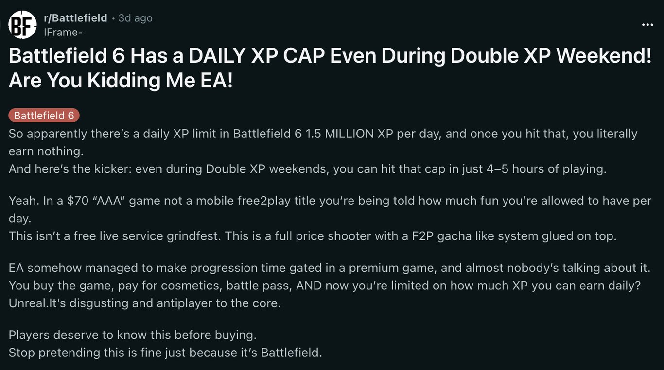 In Battlefield 6 existiert ein tägliches XP-Limit von 1,5 Millionen, das selbst 2XP-Events ad absurdum führt. Die Kritik an der "F2P-Mechanik" in einem Vollpreistitel wächst.