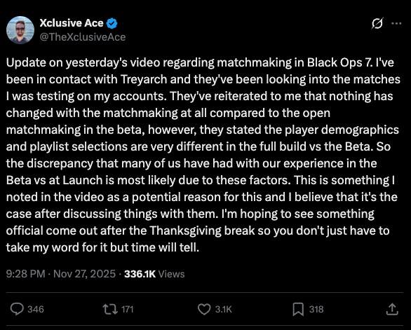 Black Ops 7 SBMM-Update: Treyarch antwortet XclusiveAce. "Wir haben nichts geändert" – liegt es an den Spielern?