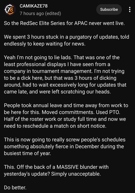 Laut dem emotionalen Statement von Camikaze78 wurden die Spieler drei volle Stunden hingehalten.