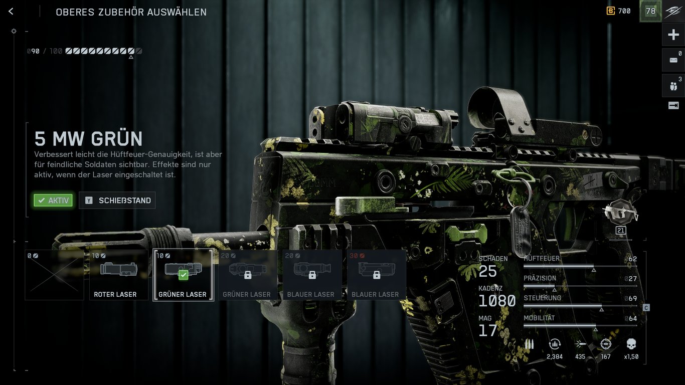 KV9 - Oberes Zubehör: 5 MW Grün & Taschenlampe